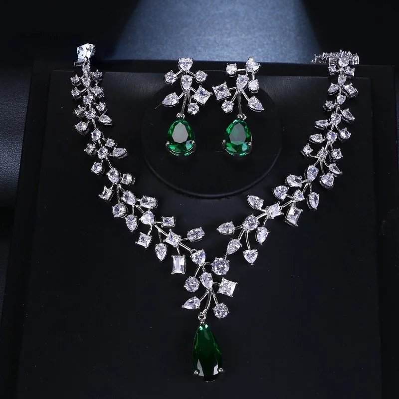 AMC Luxury Green Blue Yellow White Big Water Drop Necklace and Earring Set Zircon Bridal Wedding Party Jewelry Gifts For Women