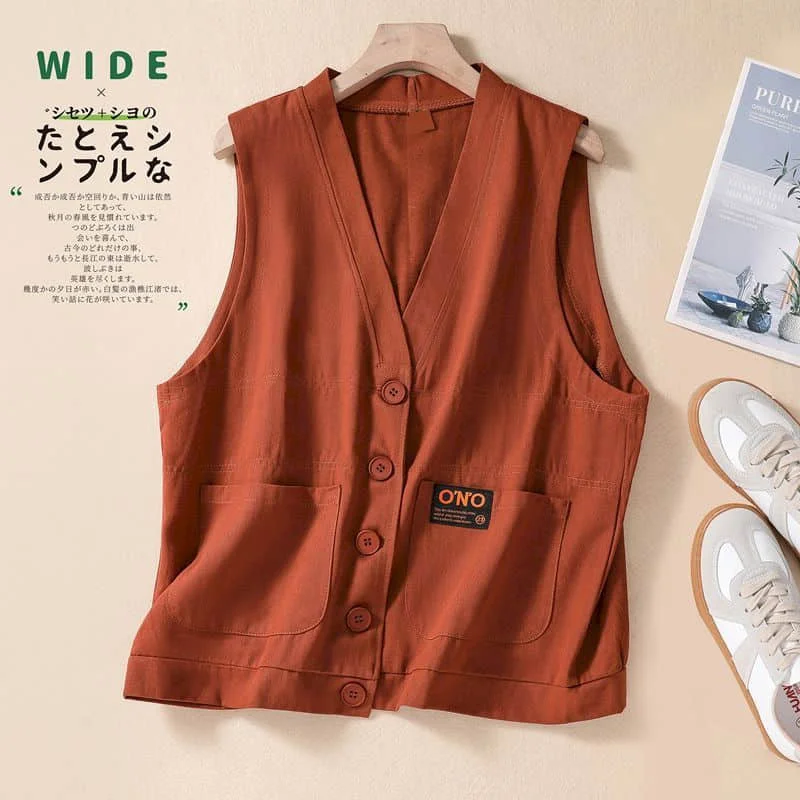 Женский однобортный жилет без рукавов свободная однотонная хлопковая майка в