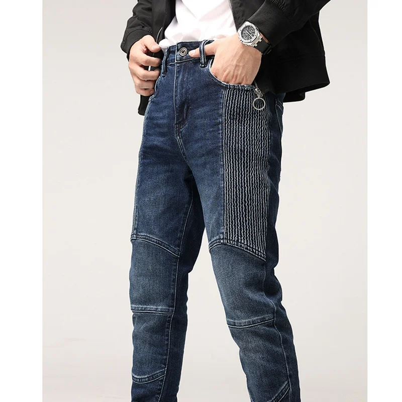 Streetwear Men Autumn and Winter New Pattern Splicing Self-cultivation Elastic Force Blue Pencil Pants Recreational Jeans Female