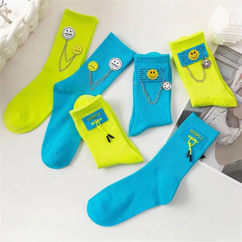 

New trend smiling face chain socks spring and summer fluorescent green Korean street hip hop skateboard medium tube socks
