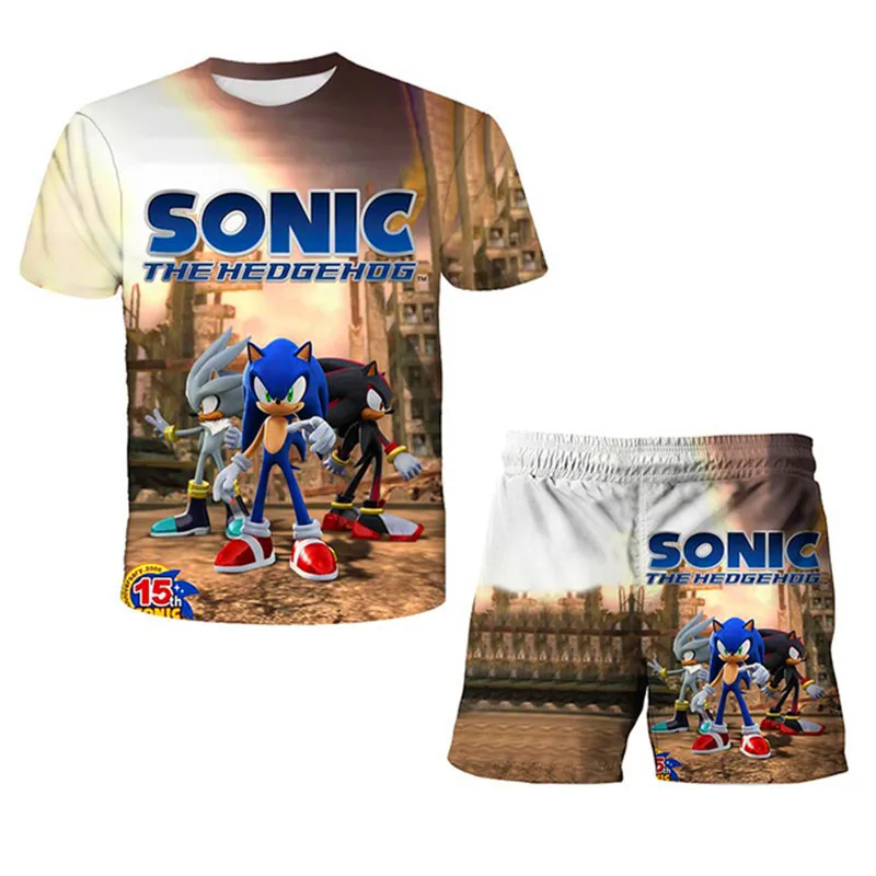 

4-14Y Children's Super Sonic Cartoon T shirt Pants Sets Harajuku Boys Girls Fashion Sports Suit Sonic Print T shirt Clothes Suit