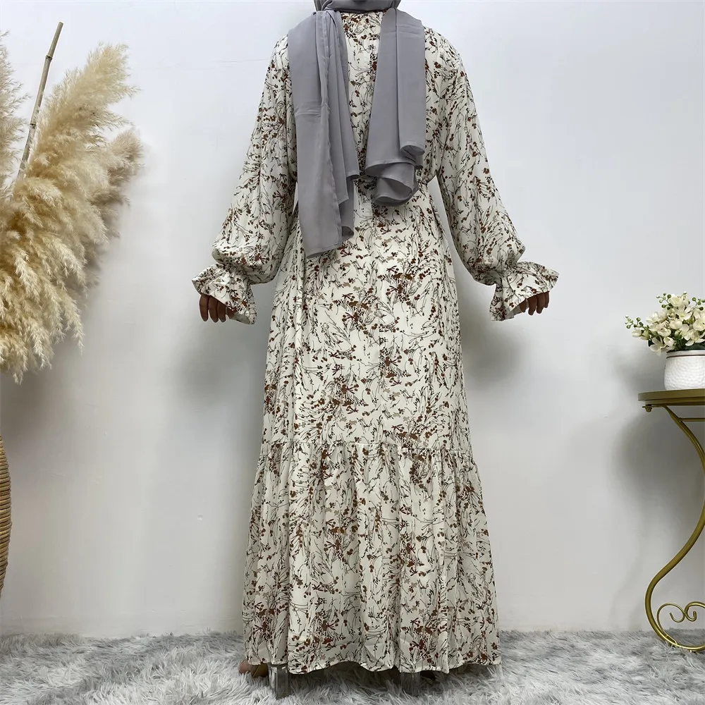 Spring 2023 New Luscious Muslim Print Bell Sleeves Lined with Stylish Chiffon Dress Abayas for Women Muslim Dress