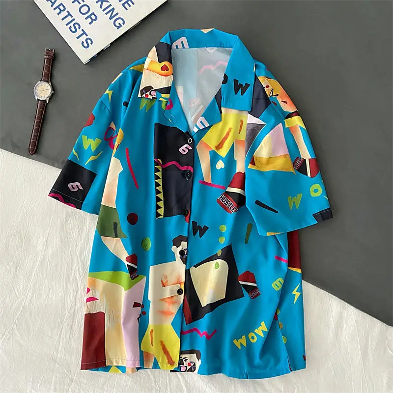 

Japanese Cartoon Print Camisas Mujer Short Sleeve Button Up Shirt Women Casual Shirt Beach Style Summer Shirt Top 2022