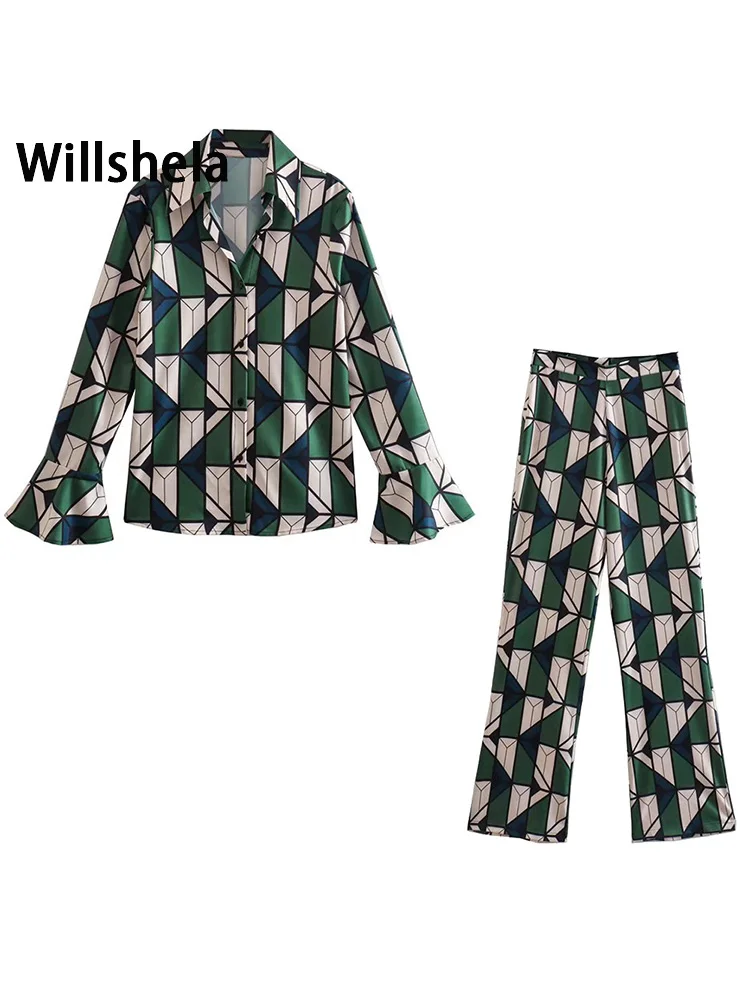 

Willshela женский модный комплект из двух предметов, однобортная блузка с принтом и прямые брюки, шикарные женские брюки