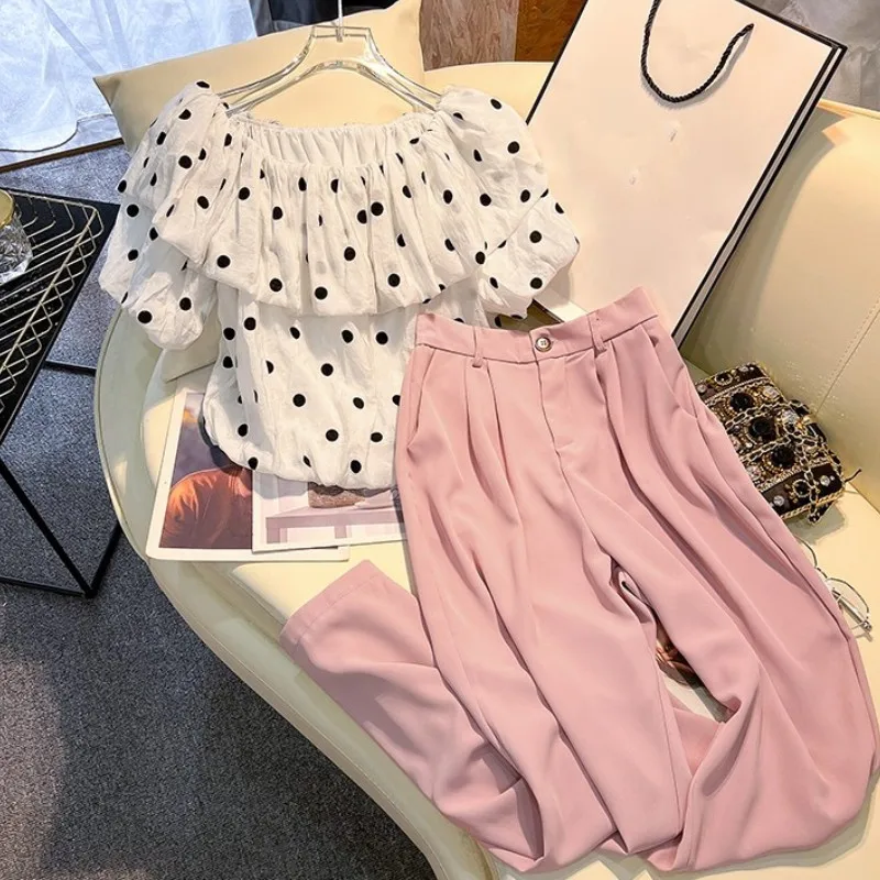 

Женский шифоновый костюм с оборками, элегантный пикантный Топ в горошек и розовые широкие брюки с высокой талией, офисный костюм в Корейско...