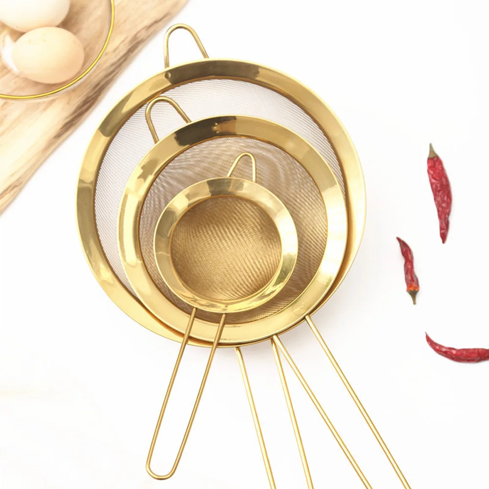 

Flour Baking Sieve Colanders Kitchen Oil Sifter Steel Mesh Strainer Golden Bakware Coffee Fine Flour Stainless Mesh Tools Filter