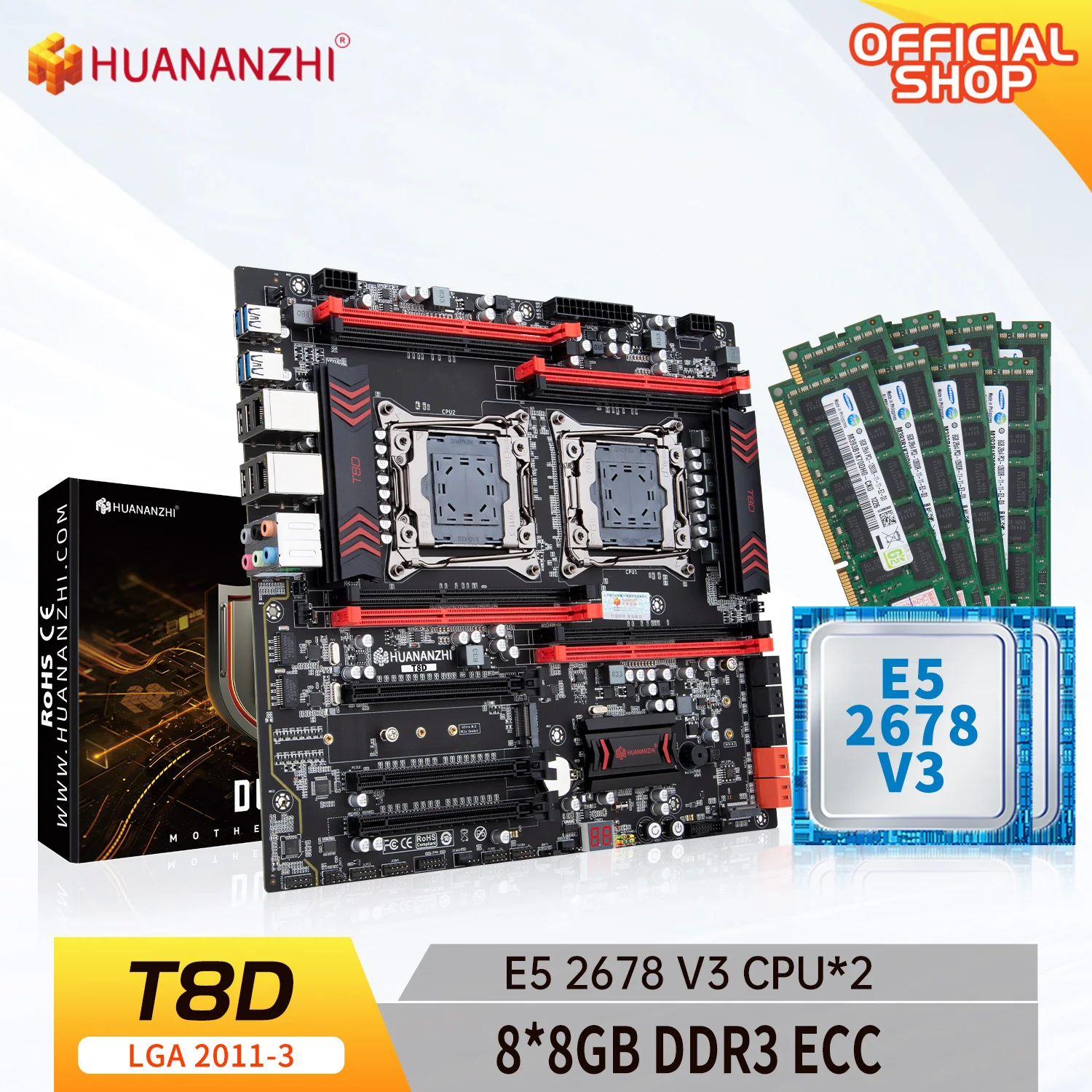 

HUANANZHI T8D LGA 2011-3 Motherboard Intel Dual with Intel XEON E5 2678 V3*2 with 8*8GB DDR3 RECC memory combo kit set NVME NGFF