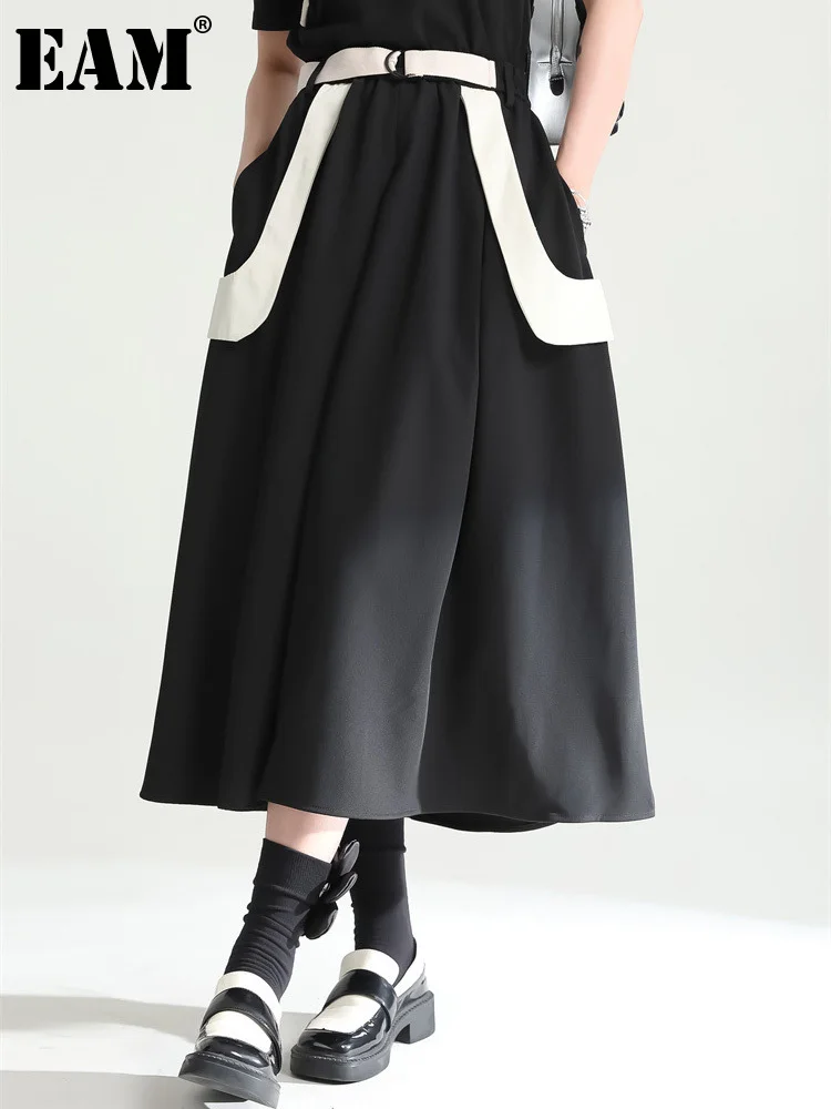 

[EAM] High Elastic Waist Black Pcoket Color-block Long A-line Half-body Skirt Women Fashion Tide New Spring Autumn 2022 1DE8590