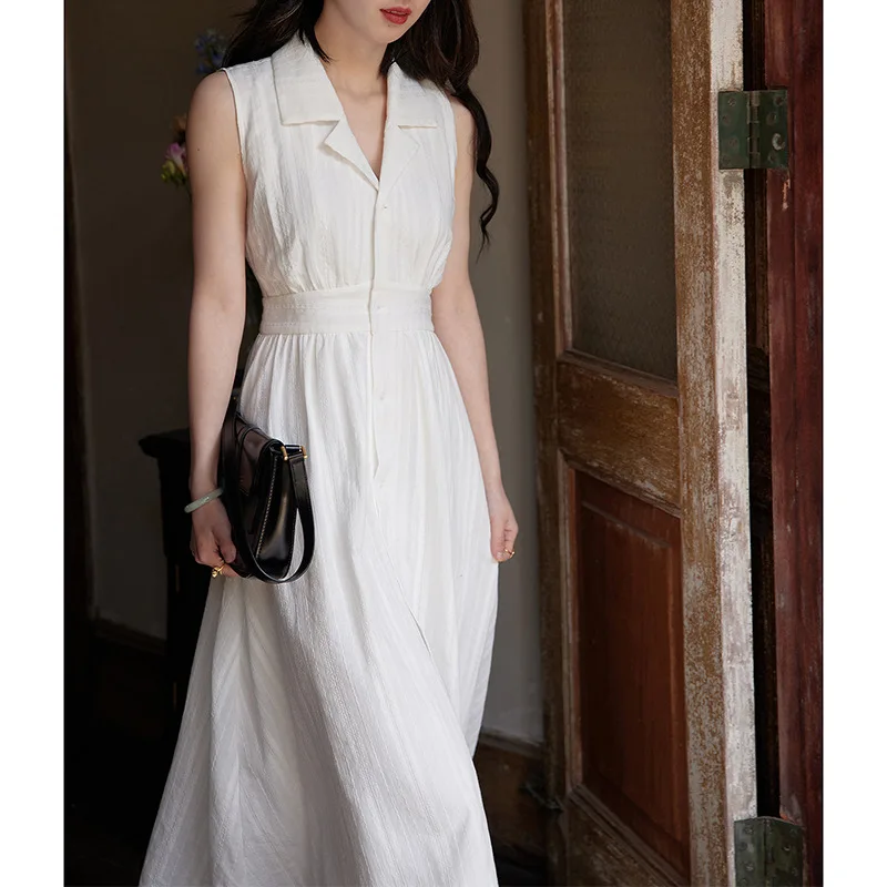 

Women's Summer Haute Design Dress Date Party Celebration Suit Style Tops elegant Long White Dress Turn-down V-Neck Collar