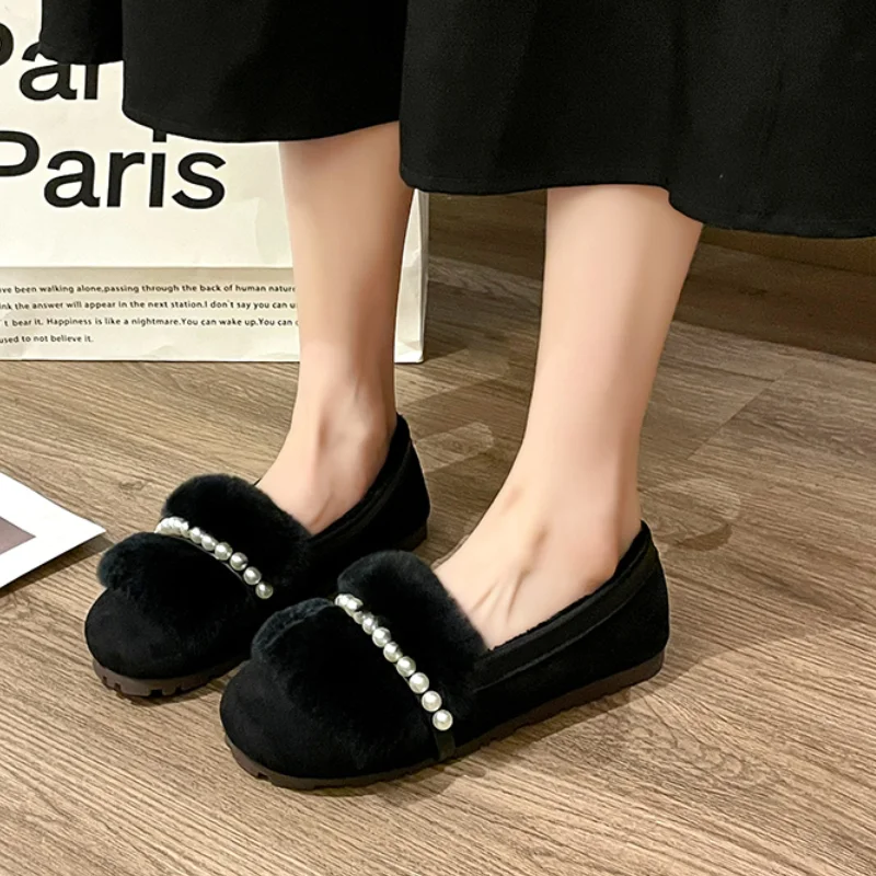 2024 женские меховые туфли без шнуровки на плоской подошве с круглым носком для