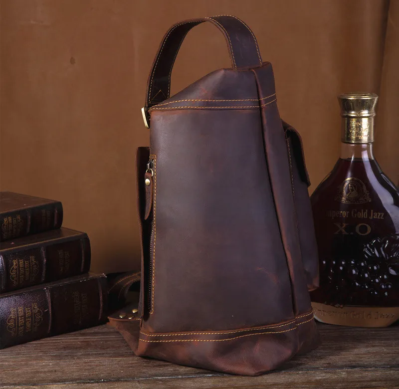 Retro fashion handmade designer Crazy horse cowhide teen bucket bag outdoor casual high quality men's multi-pocket crossbody bag