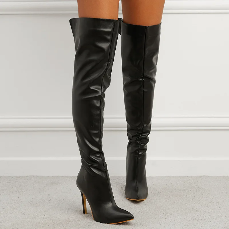 

2022 Autumn and Winter New Pointed Side Zipper Thin High Heel Large Knee Length Boots Women