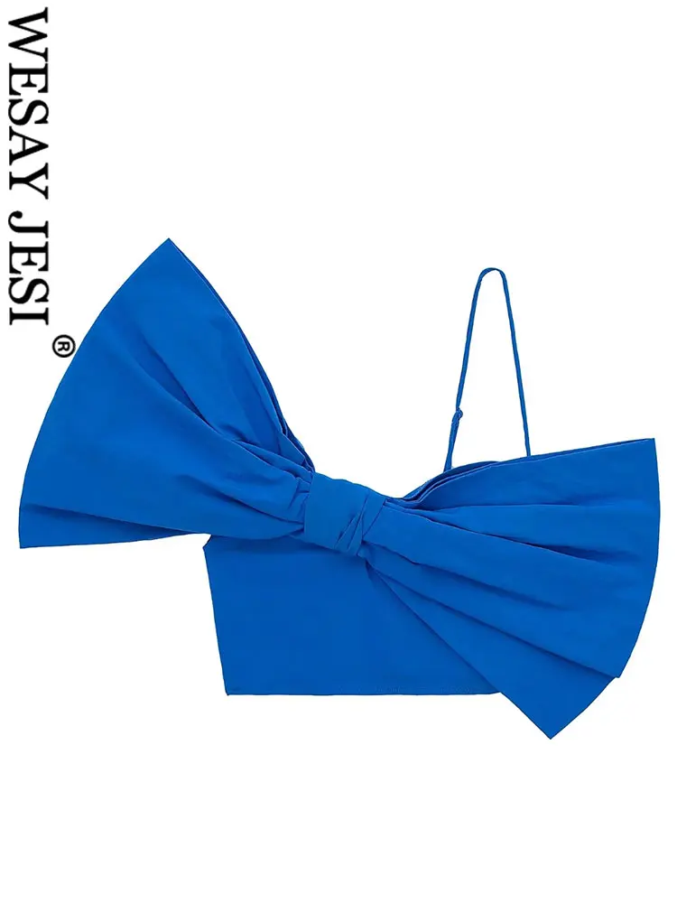 

WESAY JESI летняя новая мода Премиум Королевская Синяя Женская майка шикарный дизайн косым плечом бантом короткий женский топ