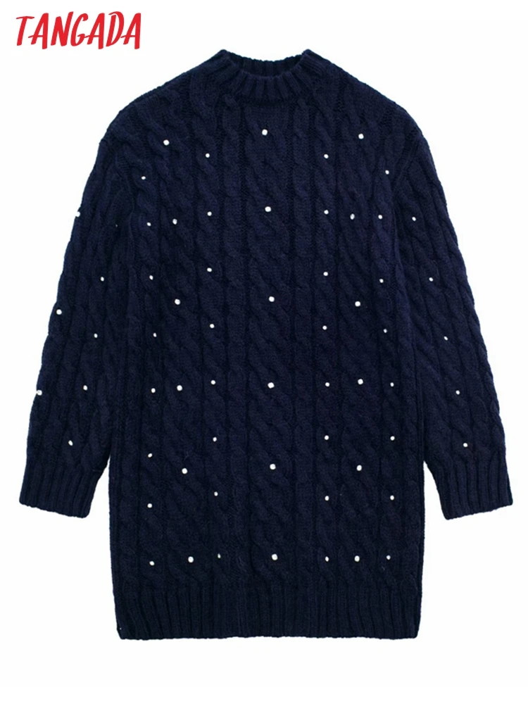 

Tangada Women Fashion Beading Twist Long Loose Knitted Sweater Jumper O Neck Female Pullovers 3H710