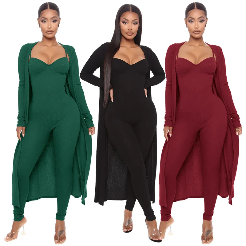 

Solid Knitted Ribbed Two Piece Sets Womens Outfits Long Sleeve Cardigan Coat and Bodycon Jumpsuit Matching Sets Loungewear