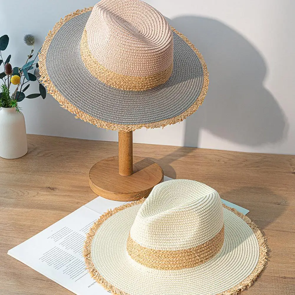 

2022 Summer Retro Color Matching Straw Fedora Hat Fashion Casual Panama Beach Hat Wide Brim Panama Hats For Women Vacation V9P8