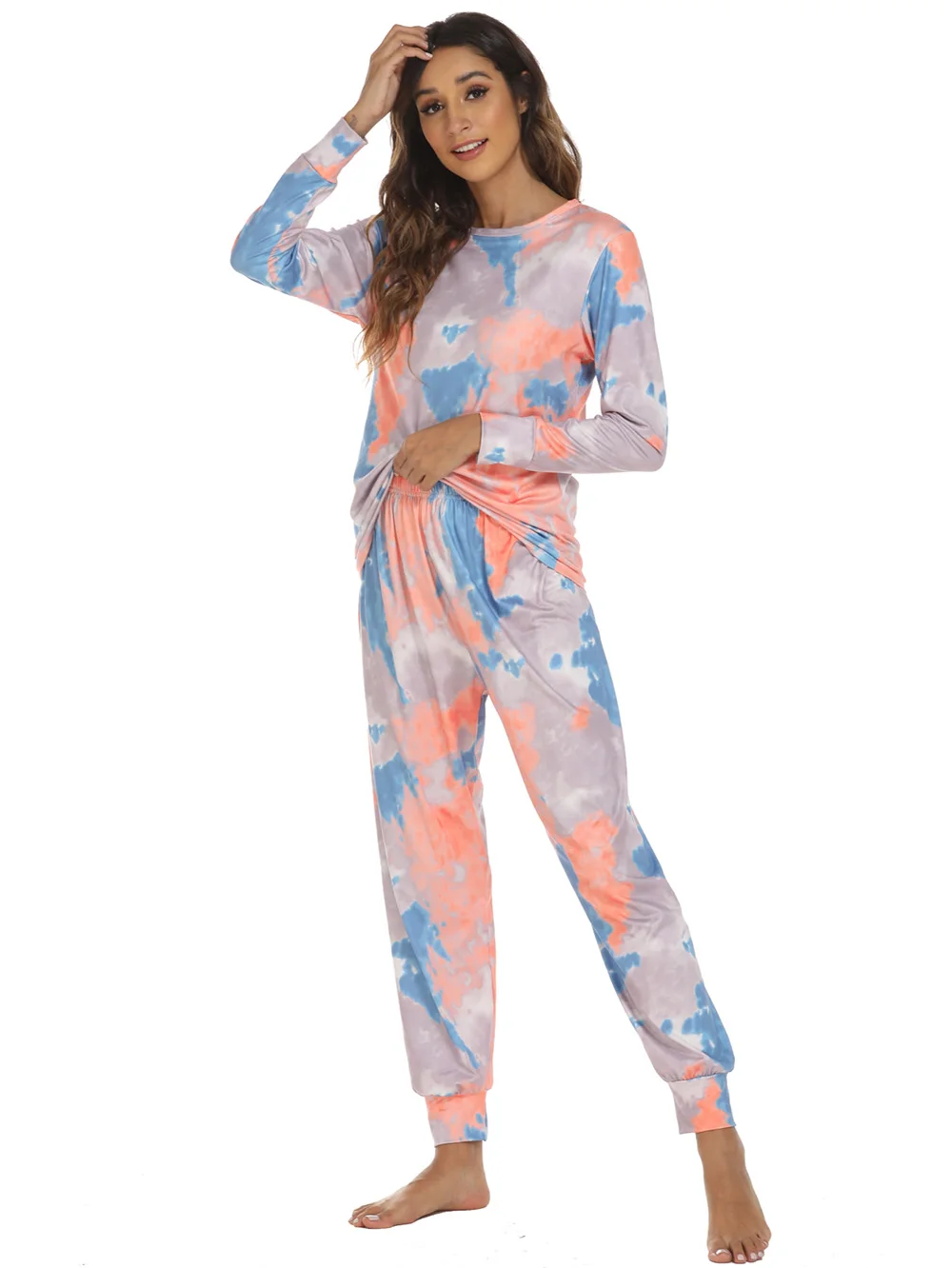 Fashion Tie Dye Pajamas Set Women Two Piece Pullover T-shirt and Pants Sleepwear Casual Loose Female Homewear Clothing Lady Suit