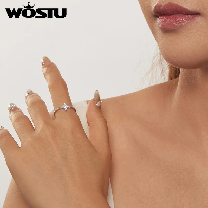 WOSTU кольцо со сверкающей звездой из стерлингового серебра 925 пробы с цирконом для