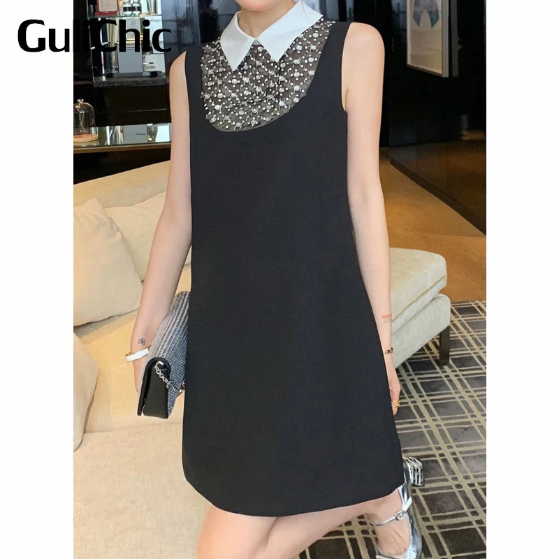 

6.23 GuliChic Women Elegant Fashion Contrast Color Turn Down Collar Sleeve Rhinestone Sequins Casual Mini Dress
