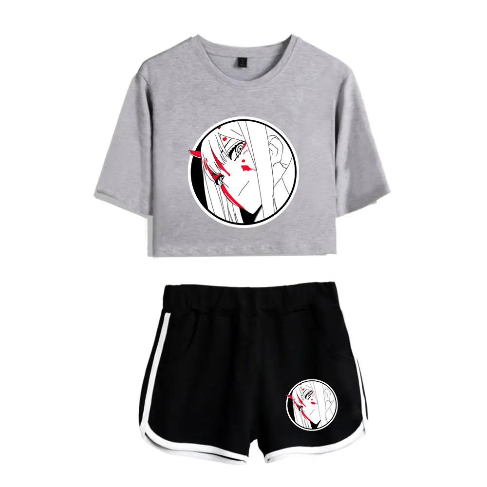 

Футболка и шорты с принтом в стиле хип-хоп Zero TWO Darling in the Franxx, спортивные костюмы с коротким рукавом и укороченным пупком, сексуальные комплекты из двух предметов для девушек