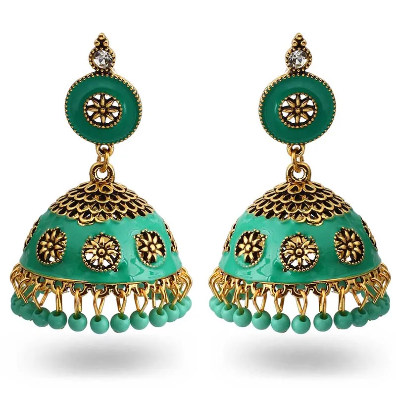 

Ins Indian Jhumki Jhumka Handmade Mint Green Orange Beads Bohemia Christmas Piercing Earrings Vintage Trendy Women Party Jewelry