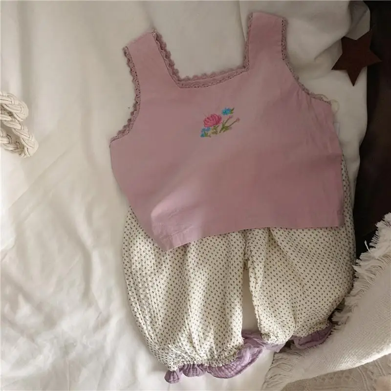 

2022 Summer New Girls Suits Kids Fashion Korean Embroidered Vest Suits Anti-mosquito Pants Boutique Clothing Simple Style