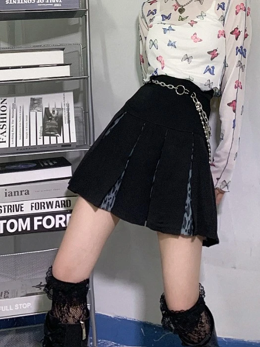 

Dark Skirt Female Weariness Summer Retro Hong Kong Wind Leopard Stitching Slim Fried Street High Waist A Skirt Skirts Womens