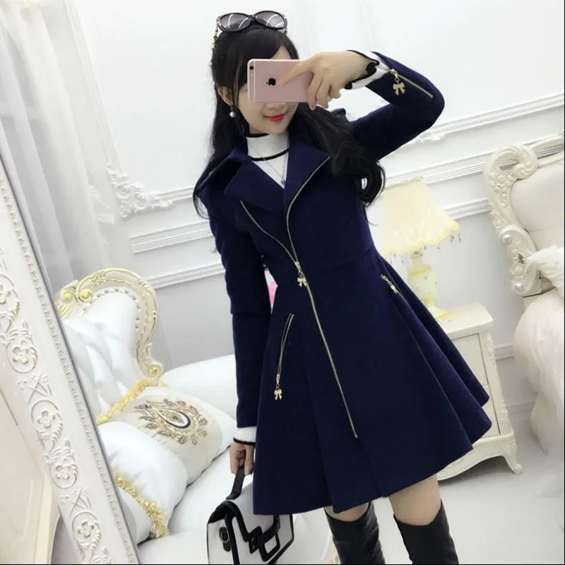 

2021 Autumn Winter Women Wool Coats Dark Blue Lady Zipper Woolen Coat Mid-length Slim Fit Jacket Japanese Korean Fashion Blue