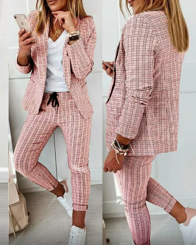 

Casual Blazer Plaid Print 2pcs Sets Jacket + Trousers Suit Women's Clothing Set 2021 Autumn New Office Lady Set Women 2 Piece