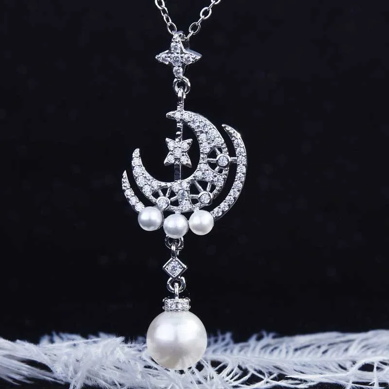 

High Quality Moon Stars Pearl Pendant Necklace Inlay Shine Small Zircon Exquisite For Women Wedding Engagement Banquer Jewelry