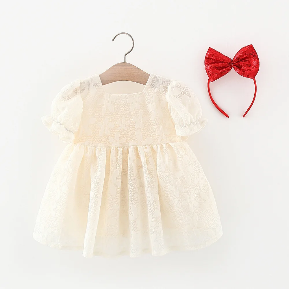 

Одежда для маленьких девочек, Повседневное платье для малышей, однотонные кружевные платья принцессы с пышными рукавами, Детская летняя од...