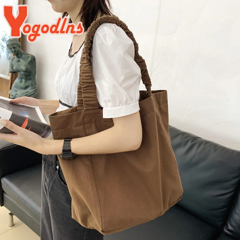 

Fashion Canvas Shoulder Bag For Women Pleated Shoulder Strap Totes Student Bookbags Travel Handbag Shopping Totes Hobo