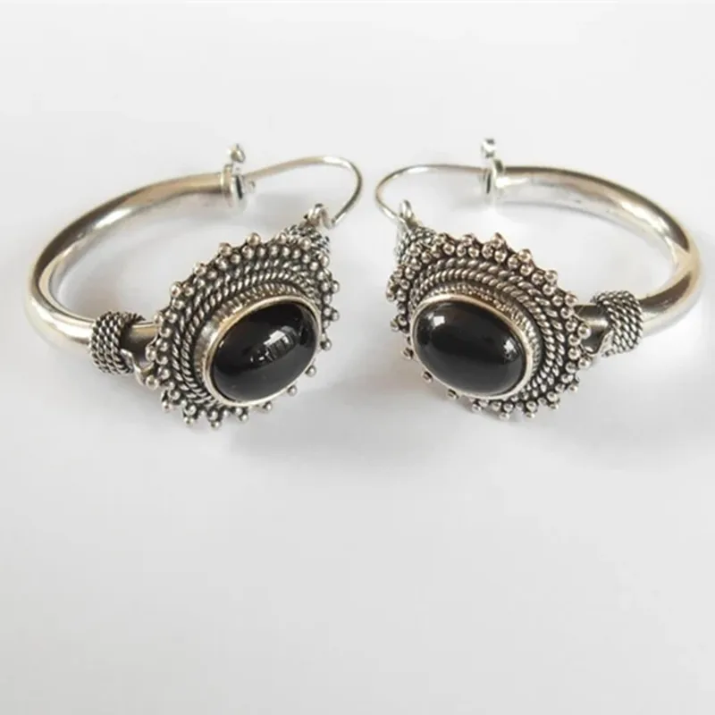 New Trendy 925 Silver Needle Women's Earrings Black Stone Stud Hoop Earrings for Women Bohemia Earrings Engagement Party Jewelry