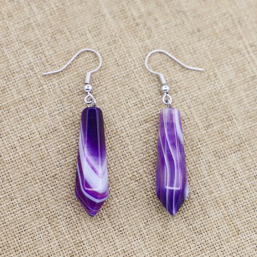 

Natural Stone Purple Agate Hexagonal Column Earrings Reiki Gem Beads Dangle Hook Drop Vintage Polygon Female Jewelry Gift 1Pair