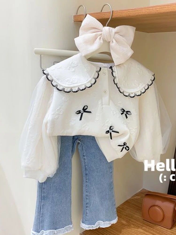 

Весенний костюм для девочек, новинка 2023, свитер с длинным рукавом для детей среднего и маленького возраста, модный джинсовый костюм для девочек