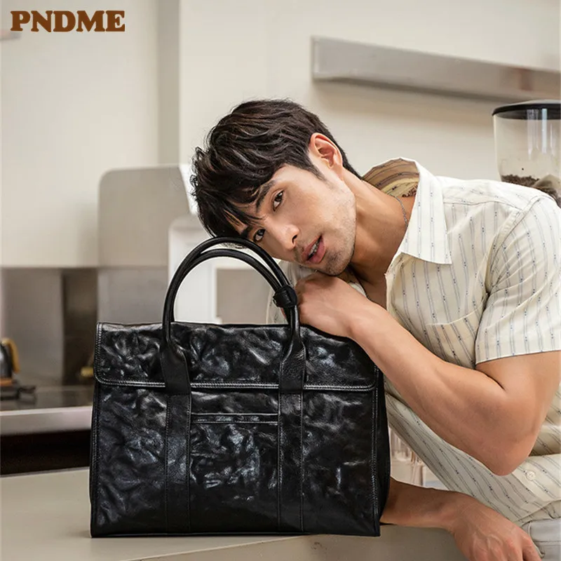 PNDME Retro Casual High quality natural genuine leather men's black handbag Outdoor work laptop office real cowhide briefcase