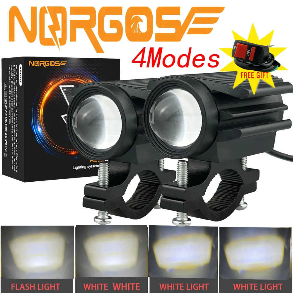 

(NORGOS) 2 шт., 4 режима, вспомогательный прожектор для мотоцикла, светодиодные белые лампы, противотуманные фары 12 В 24 В для Honda Yamaha Suzuki Hero