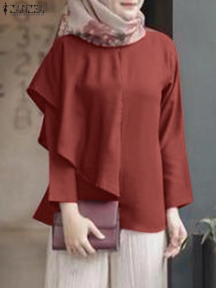 

2022 ZANZEA Women Long Sleeve Muslim Blouse Elegant Solid Tops Tunic Abaya Turkey Flounce Blusas Loose Chemise Ruffles Shirt