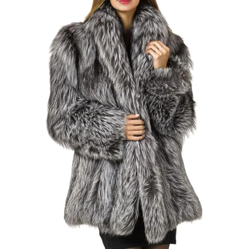 Faux Fur Coat Autumn and Winter New Medium Long Fox Fur Patchwork Coat Women Loose Thickened Warm Silver Grey