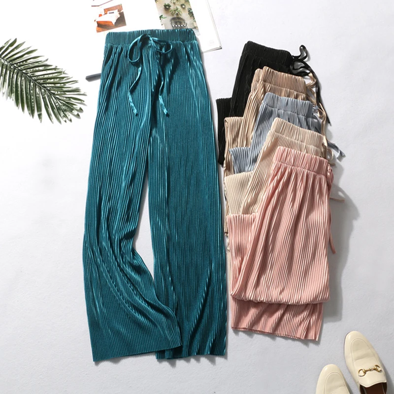 

Women's Pants Wide Leg Pants Women's High Waist Solid Color Ice Silk Elastic Belt Pleated Summer Sweatpants