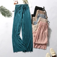 womens pants wide leg pants womens high waist solid color ice silk elastic belt pleated summer sweatpants