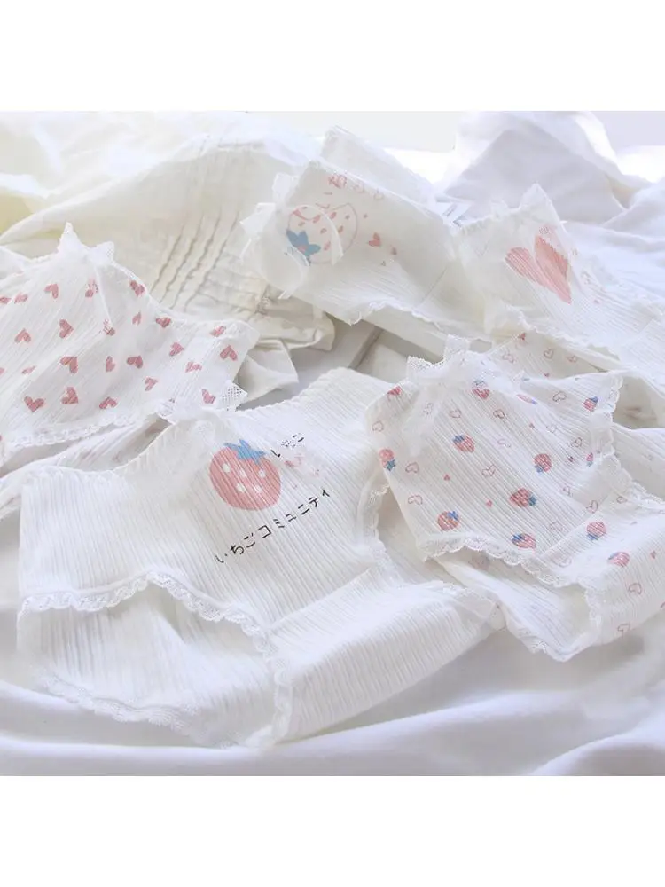 6pcs Young Students Love Strawberry Bow Lovely Girl Underwear Briefs Hip Wrapped Pure Cotton Crotch Middle Waist Women