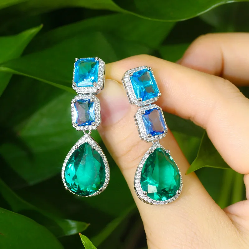 

2022 New Green Blue Gold Color Pear Rectangle Earings for Women Anniversary Gift Jewelry Wholesale E6927