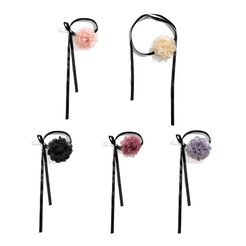 

Rose Flower Mesh Yarn Choker Long Ribbon Vintage Collar Wedding Necklace