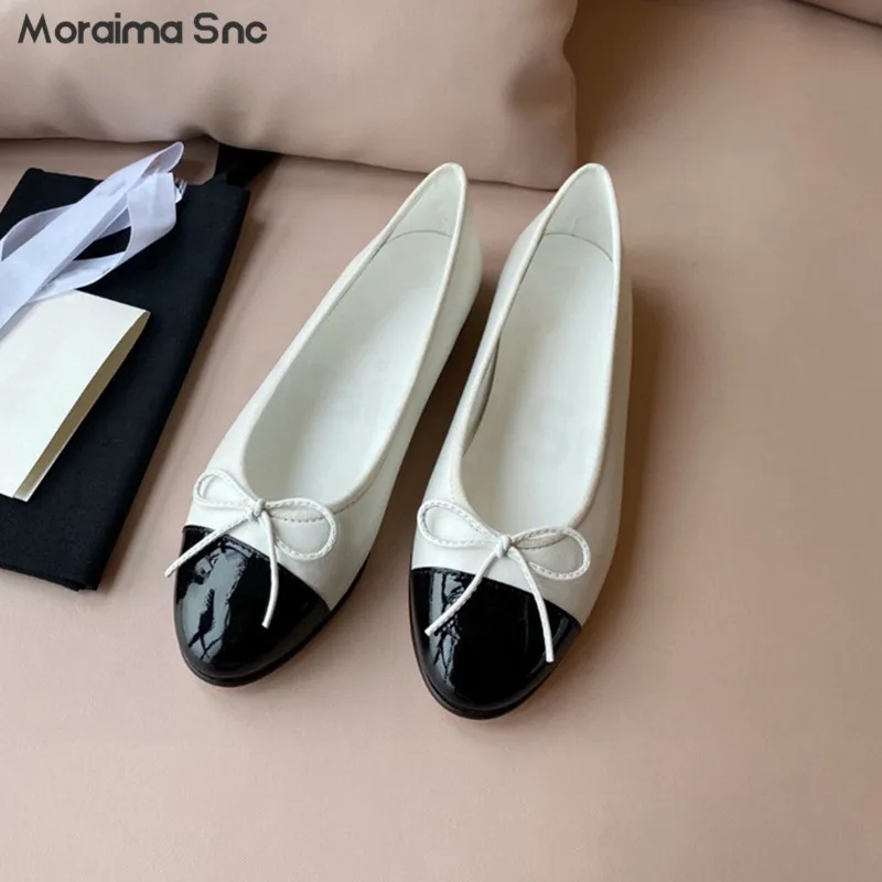 Leather Bowknot Ballet Shoes Fashion Color Matching Flat Bottom Round Toe Women's Shoes Shallow Mouth Casual Classic Shoes