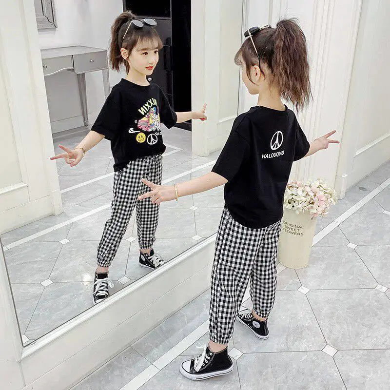 Baby Girl Summer Clothing Set 2 PCS Children Casual Print Suit Cotton Thin T-shirt + Overalls Suit Western Style Campus Sports