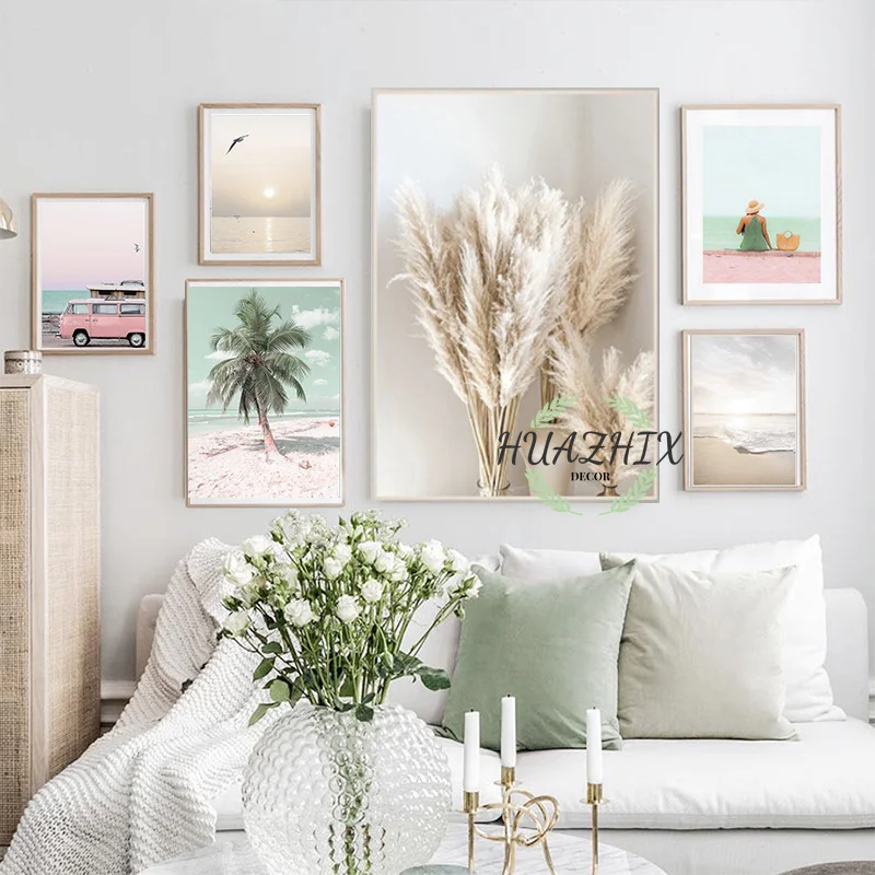 

Beige Grass Sunset Beach Palm Tree Car Wall Art Canvas Painting Nordic Posters And Prints Wall Pictures For Living Room Decor