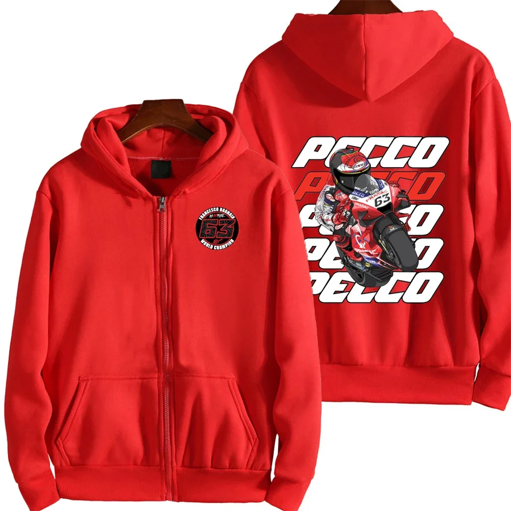 Фото Худи на молнии Pecco Bagnaia 63 Driver Logo Racing Motorcycle Team для мужчин, весенне-осенний мужской свитшот, красная спортивная женская куртка. №2