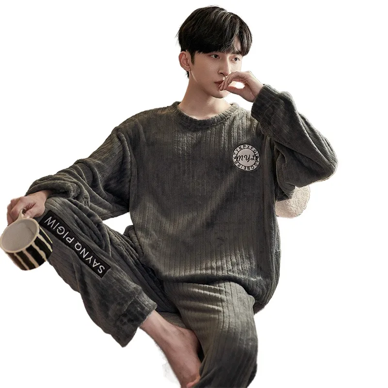 QUHENG Cute Pajamas for Men Thick Plush Fleece Pajama Sets Winter Coral Velvet Warm Flannel Clothes Home Suit Male Sleepwear
