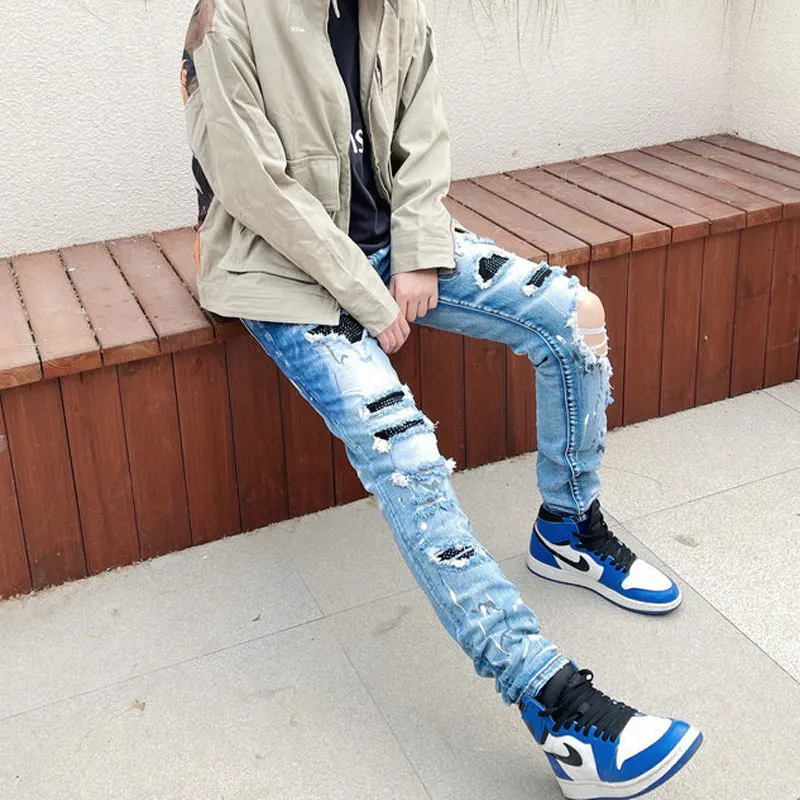 Fashion Streetwear Men Jeans Retro Blue Stretch Elastic Painted Slim Ripped Jeans Men Patch Designer Brand Hip Hop Pants Hombre